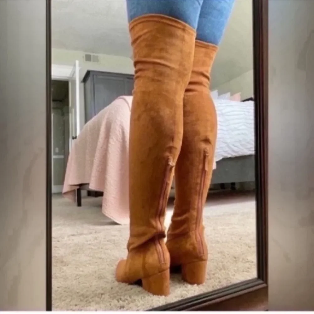 New Marlo' Women’s Tan Over The Knee Suede Leather Boots Size 36